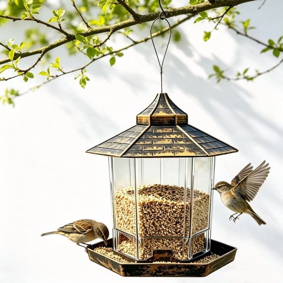 Outdoor Hanging Hexagonal Bird Feeder Transparent Weatherproof Wild Bird Seed Food Container Garden Backyard Decor Bird Feeding Station