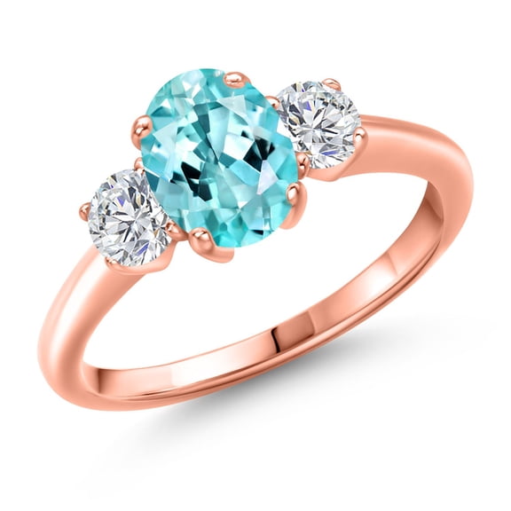 Gem Stone King 1.74 Ct Oval Blue Apatite G/H Lab Grown Diamond 18K Rose Gold Plated Silver Ring