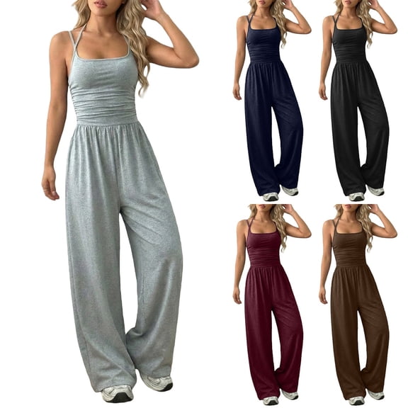 ZHOGXU Women's Jumpsuit Sleeveless Suspenders Solid Color Wide Leg Comfortable Fashion Romper For Everyday Wear,Black,L