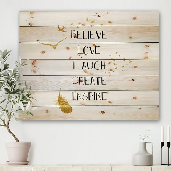 Designart 'Inspirational Quote On Gold and White' Traditional Print on Natural Pine Wood