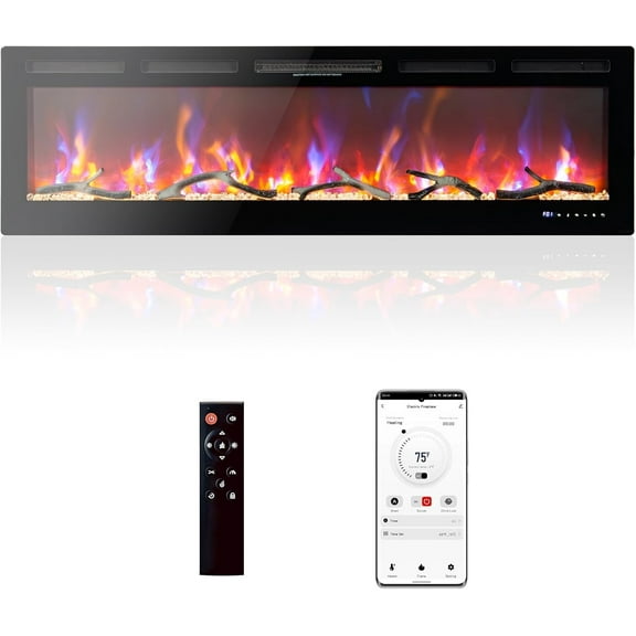 IDEALHOUSE Electric Fireplace, 60in, 1,500W, Black, WiFi & Remote Control, 12 Flame Colors, Recessed Wall Mount, Energy Efficient Heater