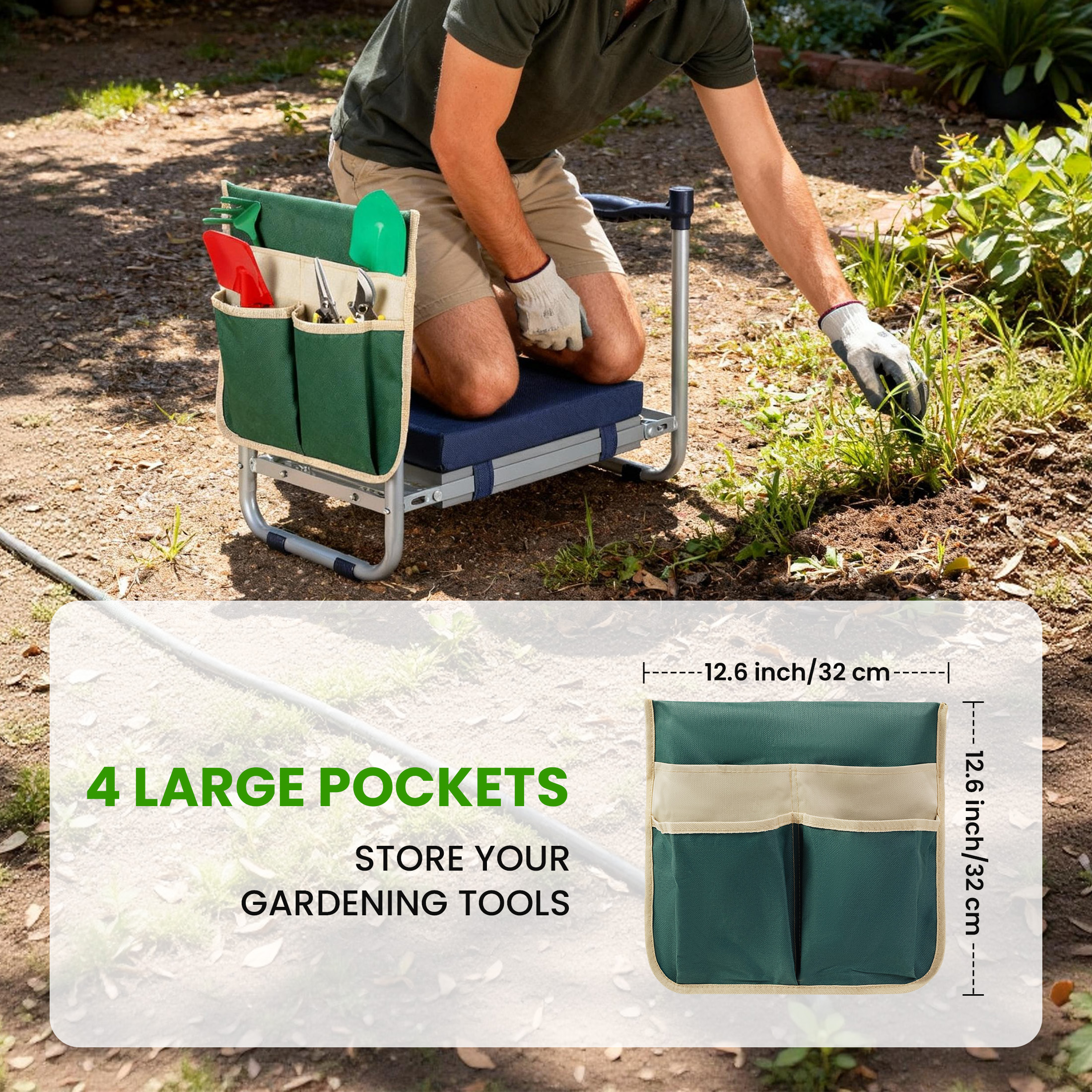 ORFELD 2-in-1 Garden Kneeler and Seat, Equipped with a Large Garden Tool Bag and a Pair of Claw Gloves,Portable Lightweight Bench Thicken Eva Foam Pad Sturdy Steel Pipe Practical Garden Tools(Green)