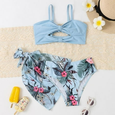 GYRATEDREAM Girl s 3 Piece Bathing Suit High Cut Bikini Sets Swimsuit with Cover Up Skirt 7-14 Years