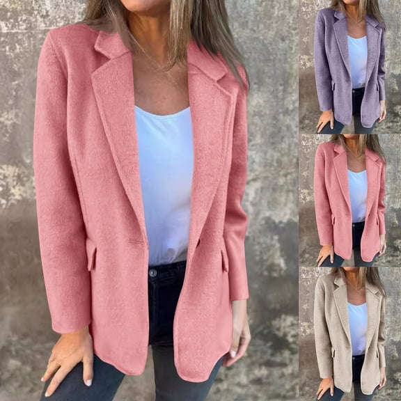 BiZtdJrK Womens Wool Blend Blazer Jackets Solid Color Casual Long Sleeve Trench Coat Single Breasted Open Front Cardigans Outerwear Best Sales Today Beige S