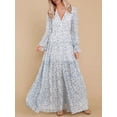 thumbnail image 2 of Women's Flower Print Long Dress Ruffled Long Sleeve V-Neck Slit A-Line Flowy Dress for Beach, Party, 2 of 9