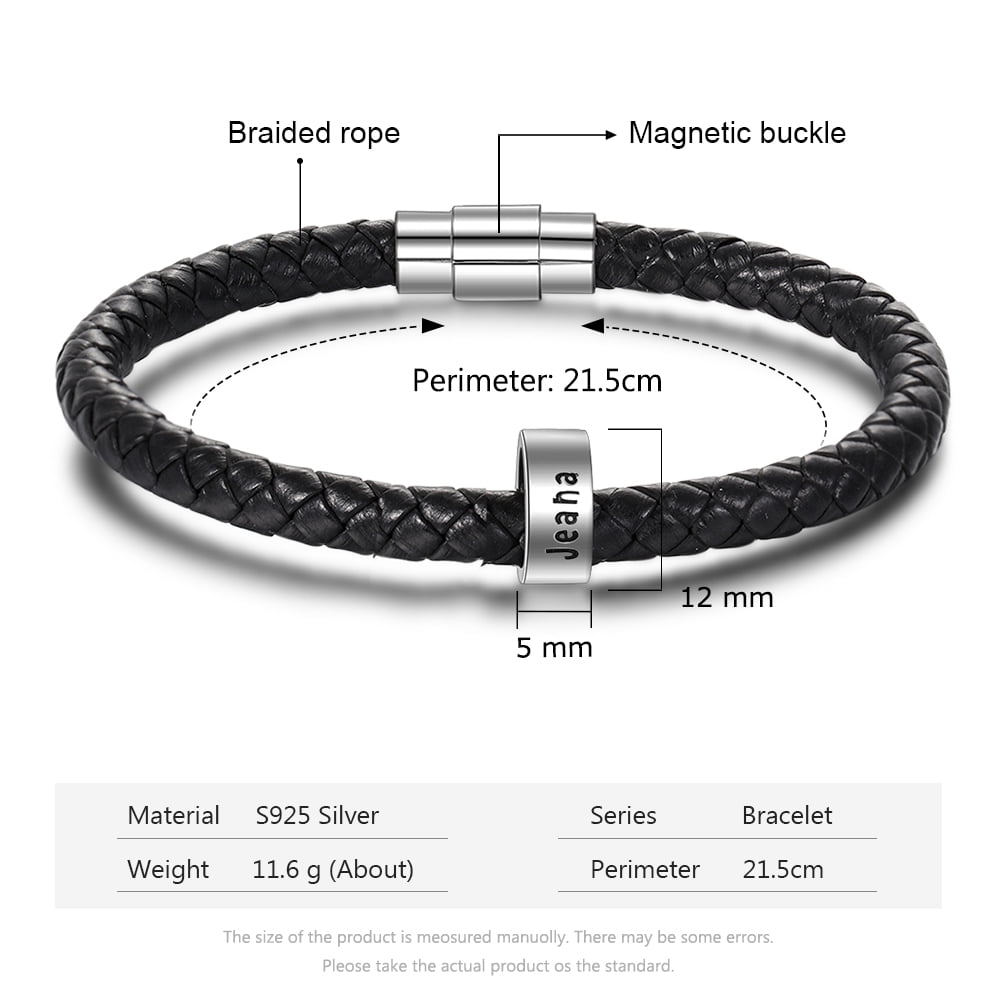 Mens Black Leather Bracelet Engraved - Fathers Day Gift 7.5 Inches