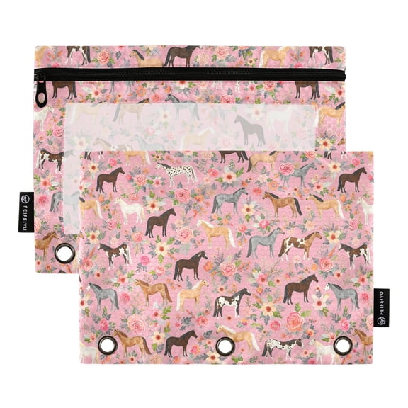 FORMRS 2 Pack Pencil Pouch for 3 Ring Binder with Clear Window Zipper Pen Case Stationery Organizer, Pink Floral Horses Pattern