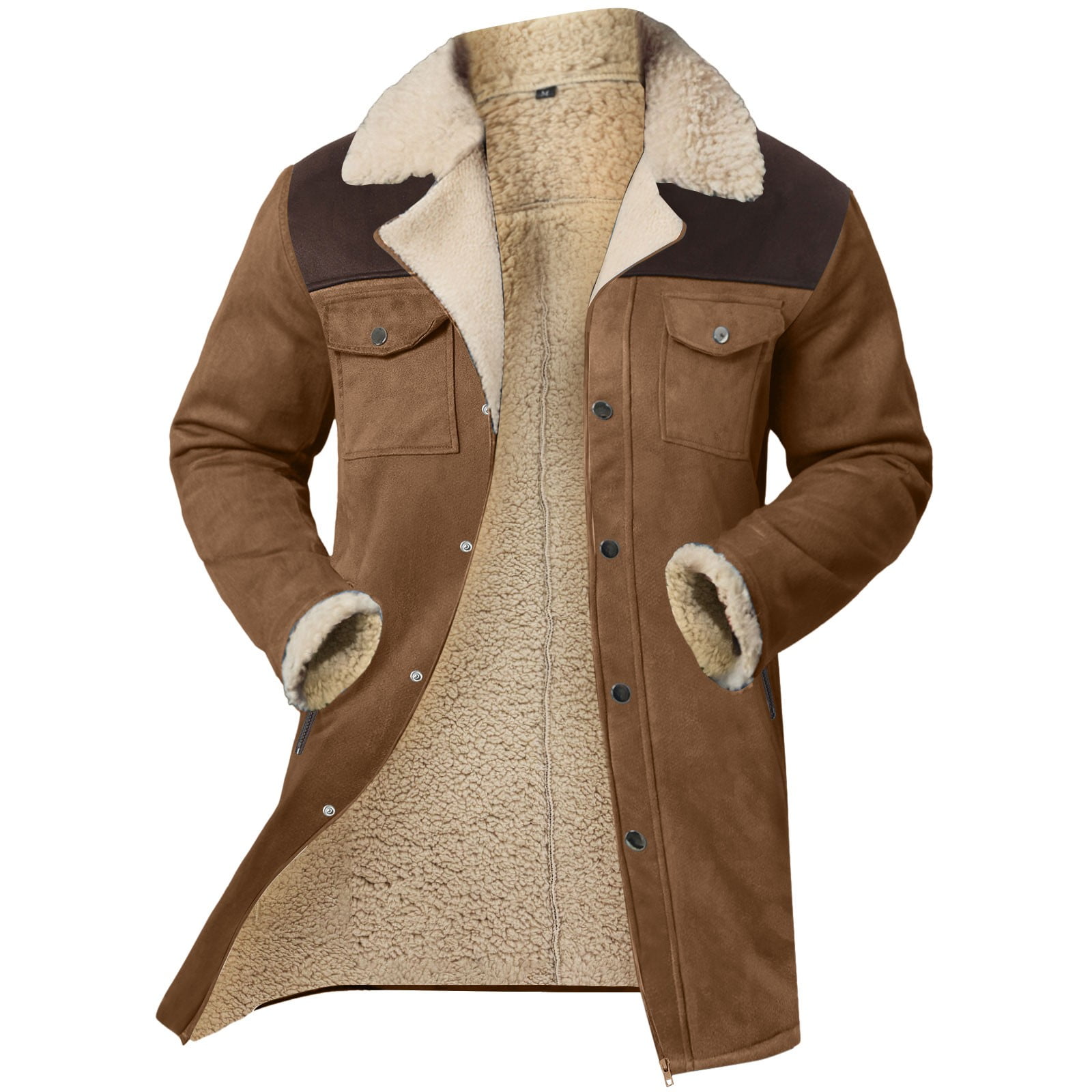 Mens Vintage Suede Jacket Plush Collar Coats Leather Winter Long