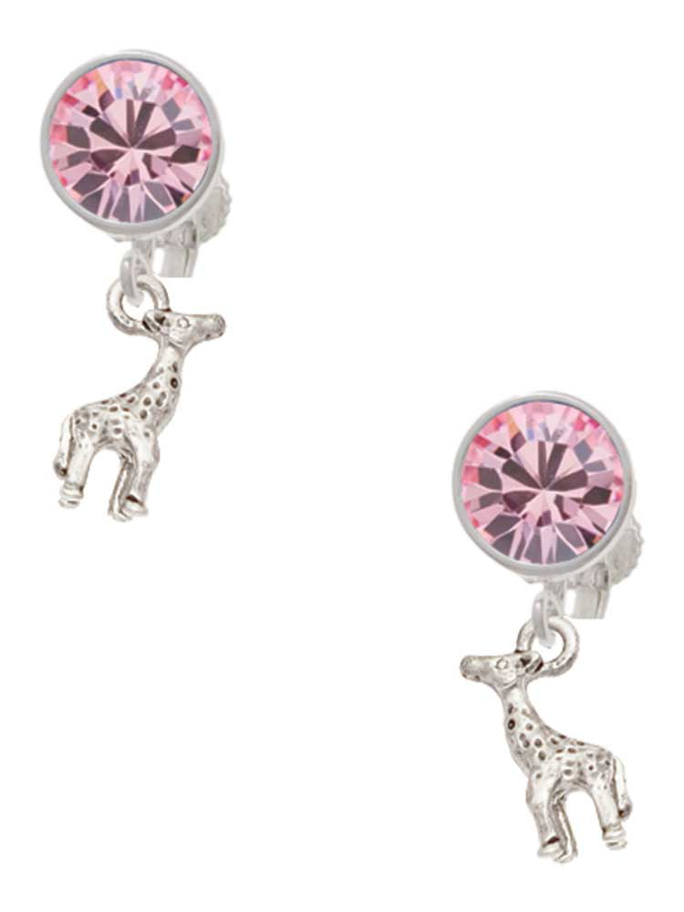 Silvertone Antiqued Giraffe Pink Crystal Clip on Earrings 