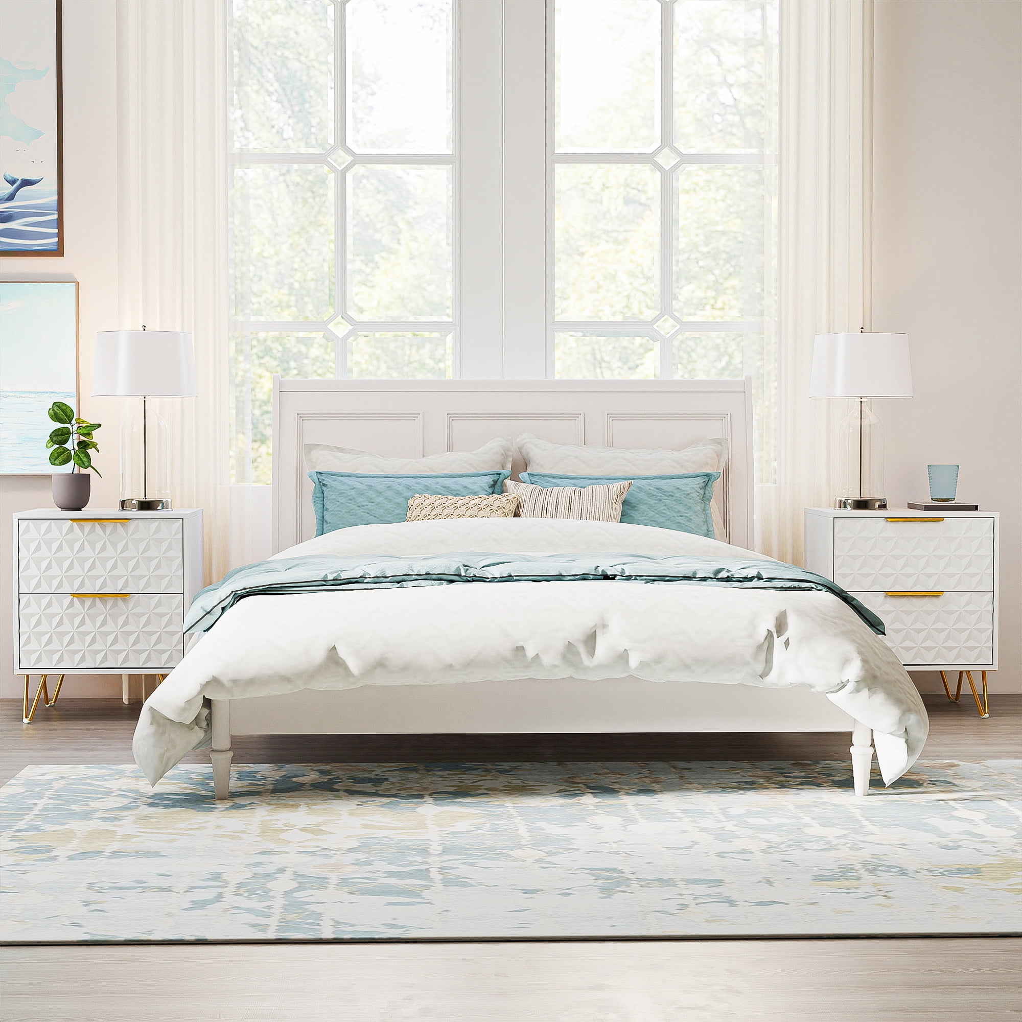 Resenkos 2-Piece Textured Diamond-Pattern Nightstands with Gold Handles & Hairpin Legs, Modern Bedroom Bedside Storage Cabinets, White
