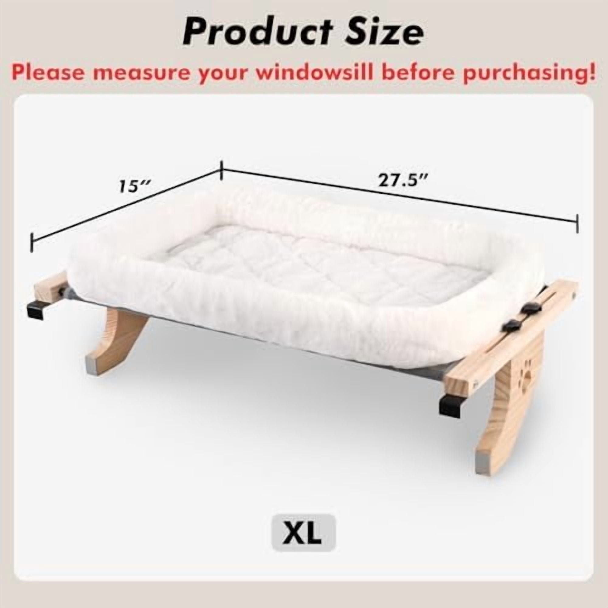 Cat Sill Window Perch Sturdy Hammock Window Seat with Cushion Cover, Wood & Metal Frame for Large Cats, Easy to Adjust Cat Bed for Windowsill, Bedside, Drawer and Cabinet (XL)