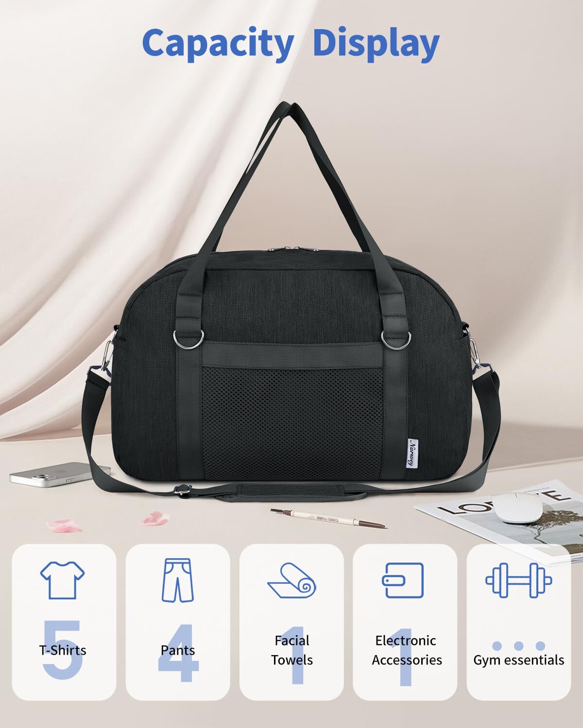 Underseat Bag Weekender Travel Duffel Tote with Adjustable Shoulder Straps for Spirit Airlines Personal Item Bag 18x14x8 for Gym Overnight, Black