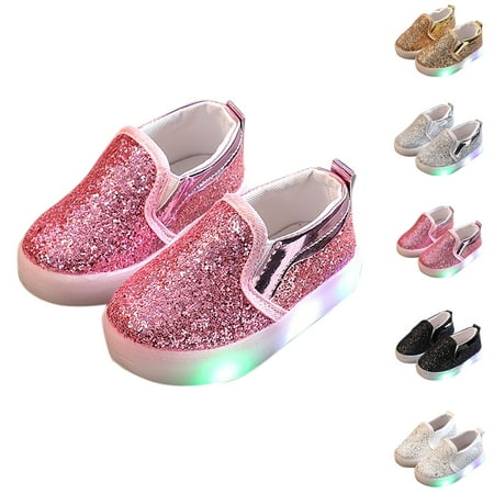 HaiMao Toddler Girl s Light Up Sequins Slip On Loafers Clearance Baby Glitter Shoes Flashing LED Casual Princess Party Shoes Flat Sneakers White 5 Years