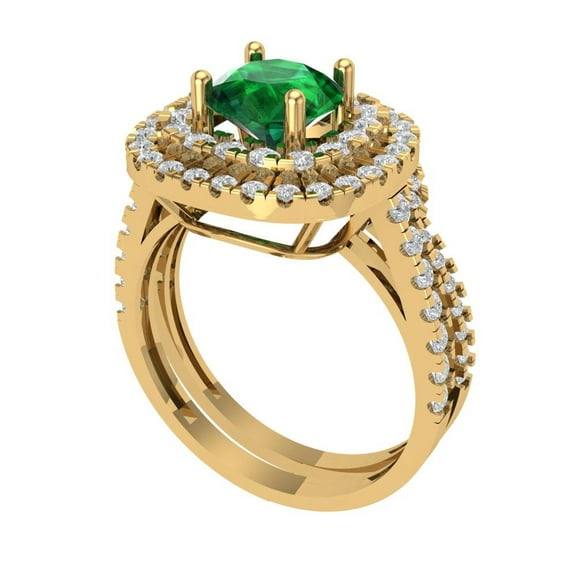1.8 ct Brilliant Round Cut Emerald 14K Yellow Gold Halo Solitaire with Accents Engagement Bridal Wedding Ring Band Set size 5