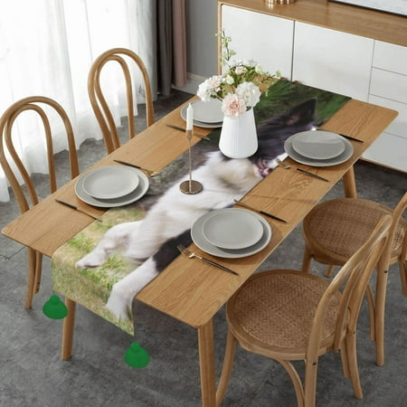 

Bad Dog Border Collie Table Runner Imitation Linen Table Runner With Green Tassels For Party And Dining Room 14 x 60