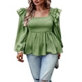 thumbnail image 1 of Haut Court Décontracté pour Femmes à Volants, Encolure Carrée, Manches Longues, Blouses à Basque, 1 of 8