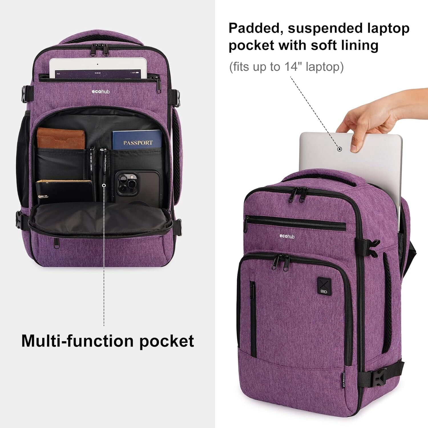 16" Travel Laptop Backpack with Handle Airline Approved Full Open Carry on Business Daypack for Women Men Travel Essentials Casual Hiking, 20L, Pink