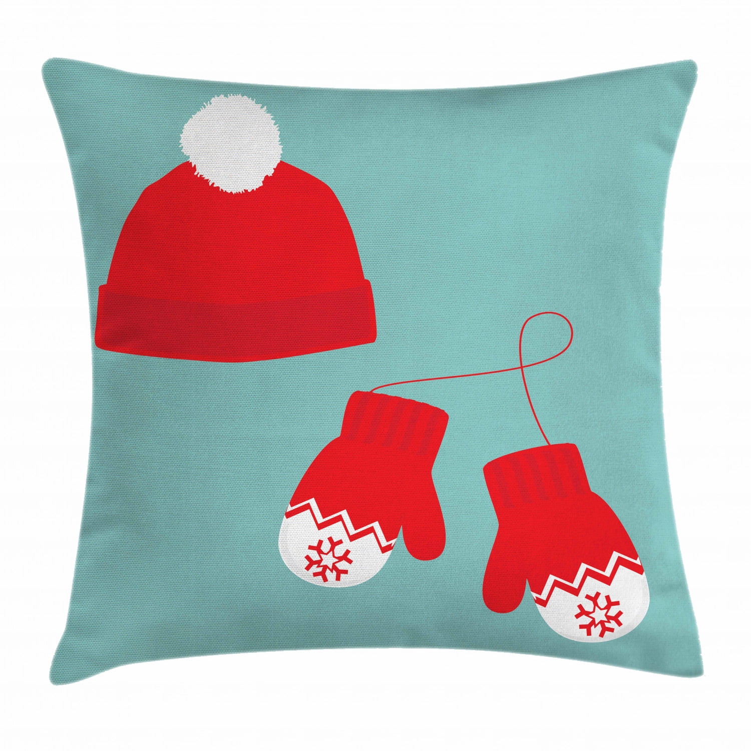 Christmas Throw Pillow Cushion Cover, Pair of Xmas Mittens Winter Hat