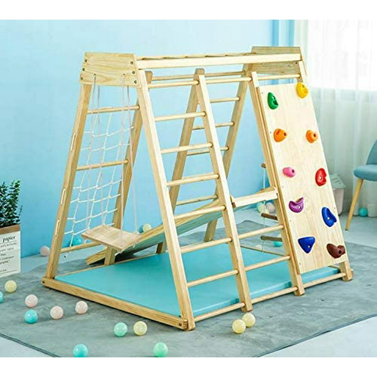 Avenlur Indoor Toddler And Child Gym Playground Climber Real Wooden Playset 6 In 1 Slide Rock Climb Wall Rope Climbing Monkey Bars Swing Ladder Fun For Children Com Child Indoor Gym Playground Climber, Home Indoor Playground For Toddlers