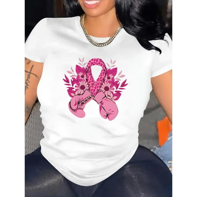 Awareness Pink Ribbon & Butterfly Graphic Tee for Women - Stretchy Polyester Blend, Casual Round Neck Short Sleeve, Comfortable Summer Top, Awareness Items