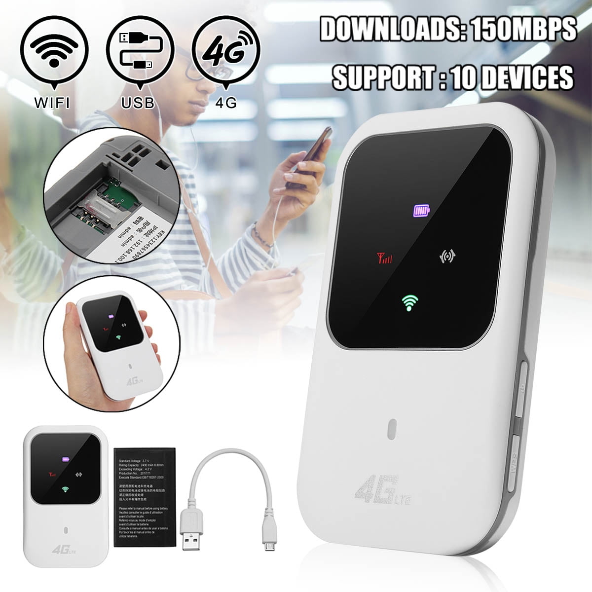 4G LTE Mobile WiFi Router Hotspot LED Lights Supports 5 Users Portable