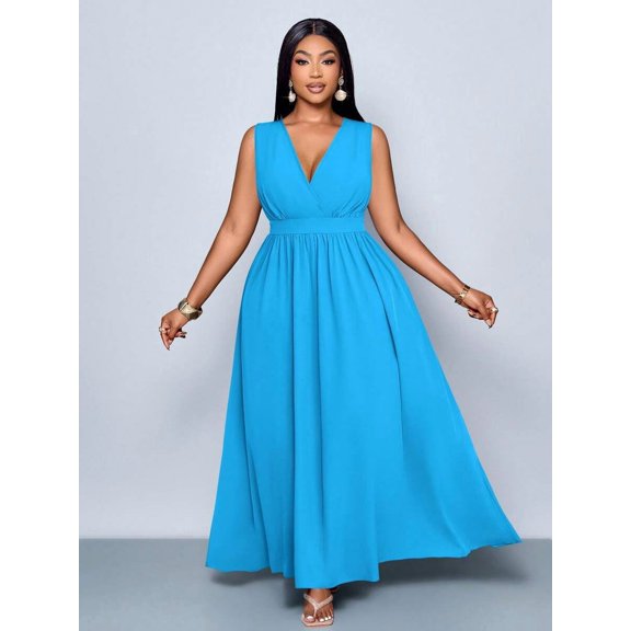 Plus Size Blue Day Solid Cross Deep V-Neck A-Line Maxi Dress Loose Casual Flowy Everyday Wear