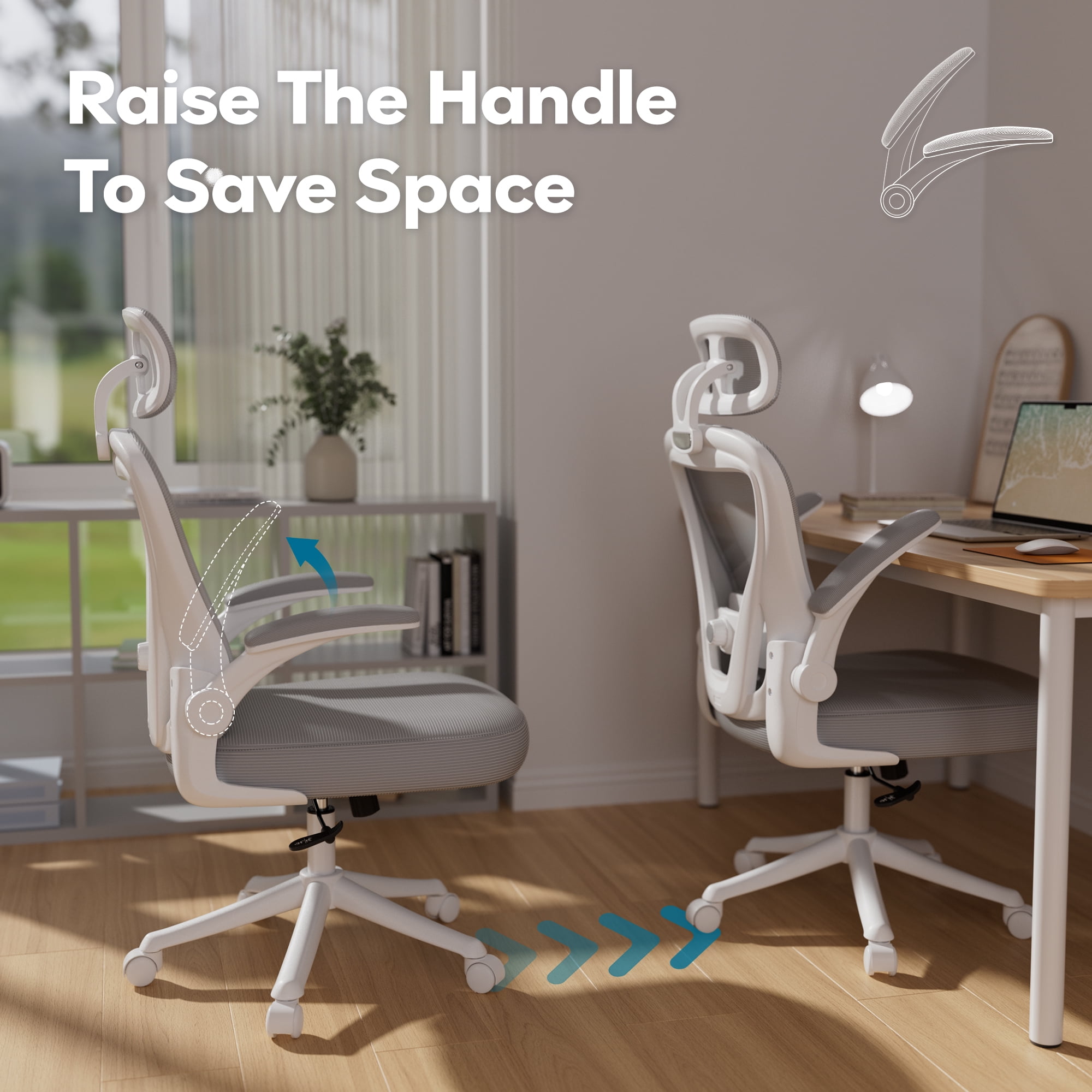 iooHug Ergonomic Mesh Office Chair with Adjustable Lumbar Support, Computer Desk Chair with Headrest, Flip-Up Arms, White Gray