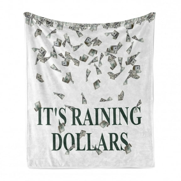 Money Soft Flannel Fleece Blanket, It's Raining Dollars Typography with Spreading Money Richness and Wealth Themes, Cozy Plush for Indoor and Outdoor Use, 50" x 70", Dark Green White, by Ambesonne