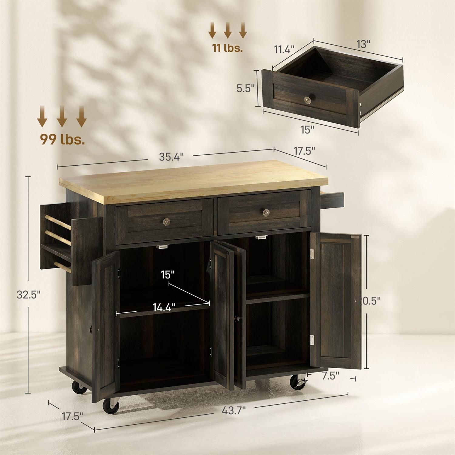 Demi Bonn 43" Rolling Kitchen Island Table Cart with Rubber Wood Top, Drawers, Adjustable Shelves, Spice Rack and Towel Rack for Dining Room, Brown