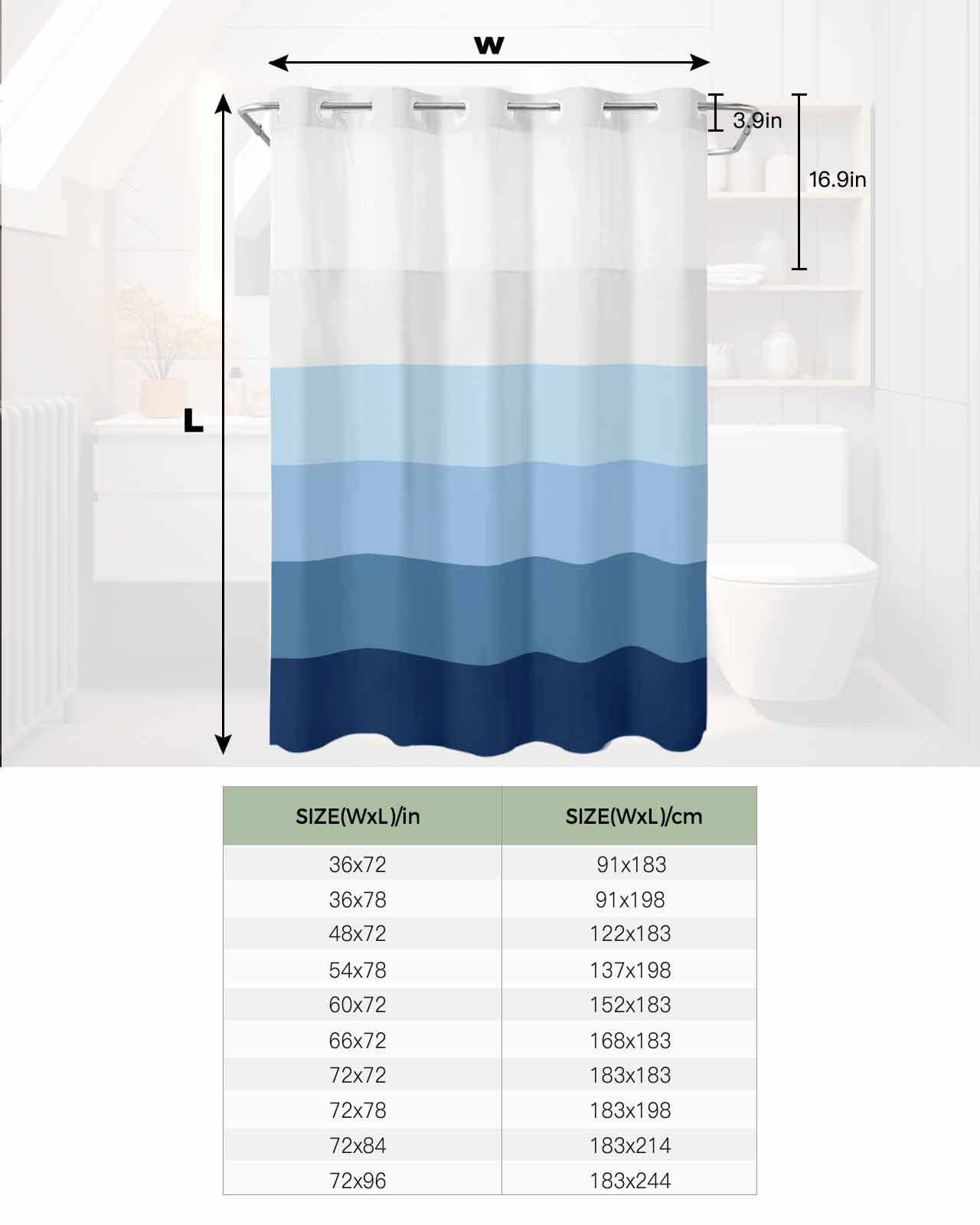 No Hook Shower Curtain with Snap in Liner, Navy Blue Striped Gradient Rustic Wood Board Hotel Shower Curtains for Bathroom, Washable Shower Curtain Liner Set with Mesh Top Window, 72”x78”