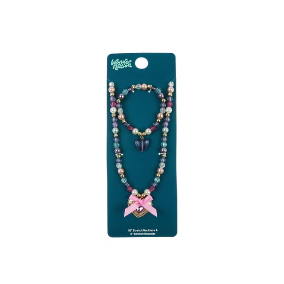 Wonder Nation 2 Pack Heart Stretch Necklace and Bracelet Set (Girl's)