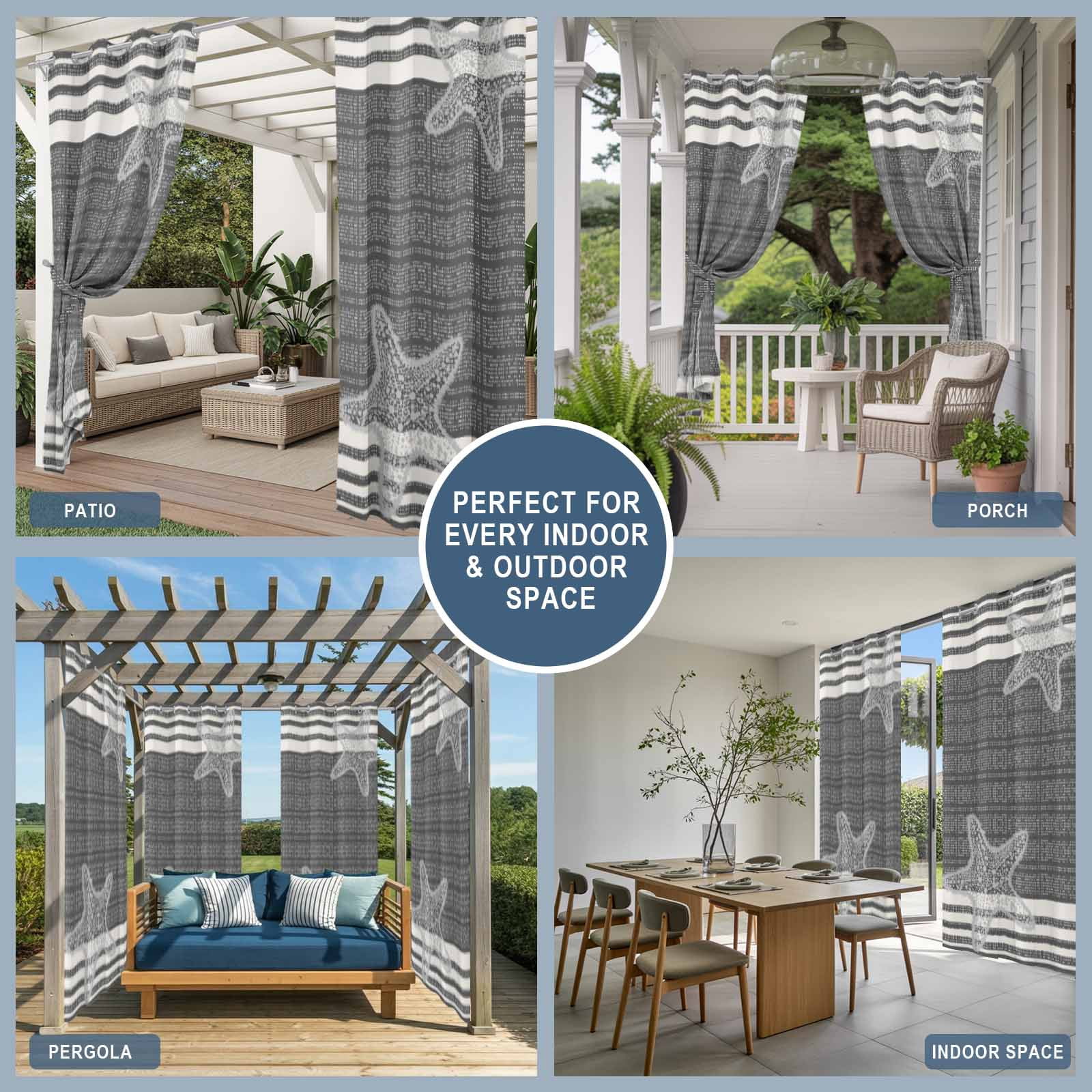 Pixel Black Star Outdoor Curtains for Patio, Modern Abstract Nautical Ocean Beach Starfish Stripe Sunshade Privacy Drapes Grommet Waterproof Outside Curtains for Porch Balcony 54"x108", 1 Panel