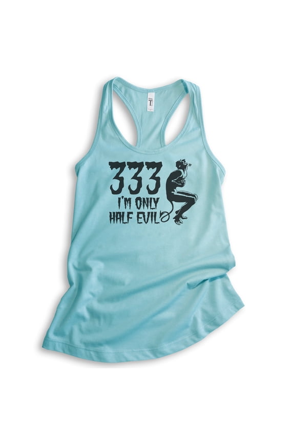 333 I'm Only Half Evil Tank Top, Ladies Racerback Tank Top, Halloween Tank, Devil Graphic Tee, Devil Tank, Cancun, Large