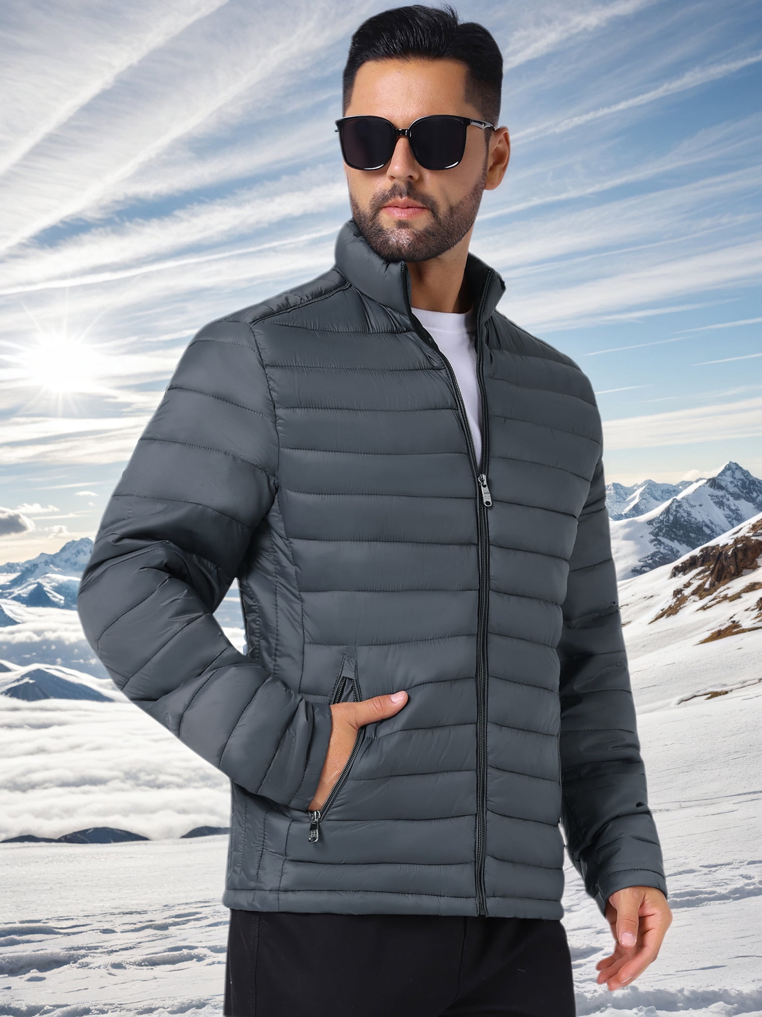 DARING DIVA Men's Winter Solid Stand Collar Zipper Quilted Puffer Jacket XL Gray