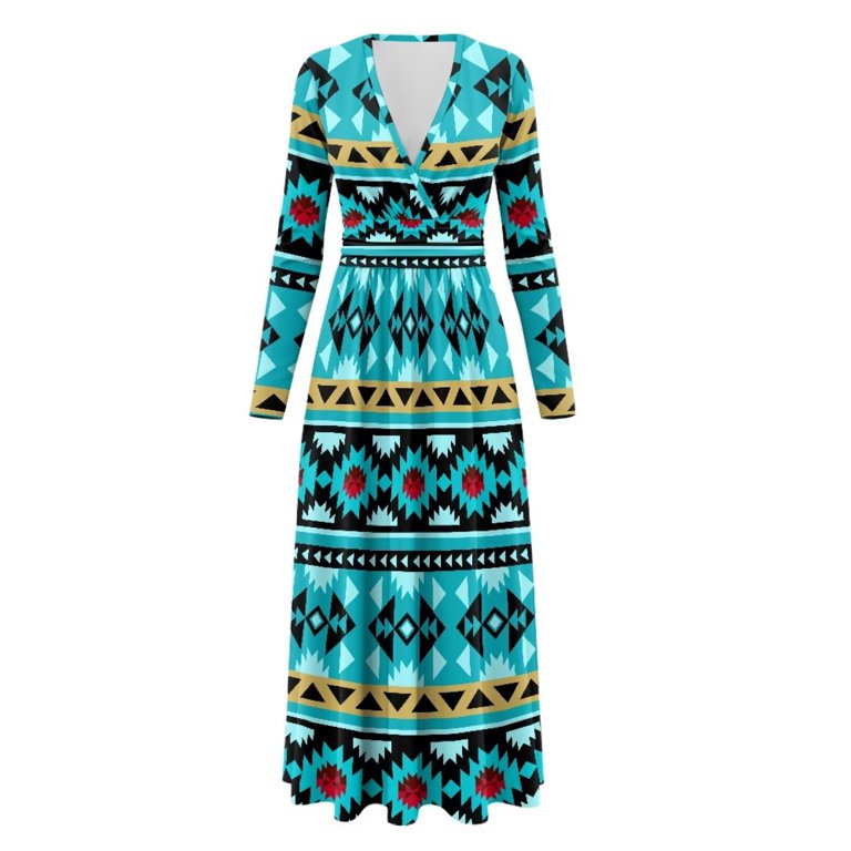tribal print long sleeve dress Tribal Print V-Neck Long Sleeve Dress Blue Zone Planet