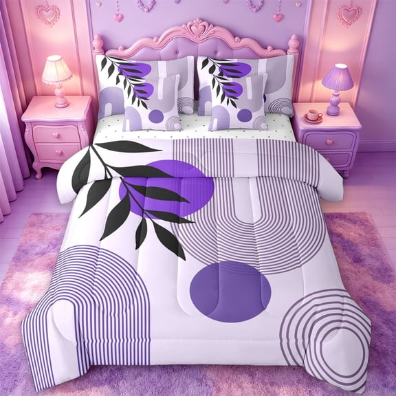 jejeloiu Soft Abstract 7pcs Queen Bedding For Men Women,Pastel Print Bedding Comforter Set Queen,Purple White,Reversible