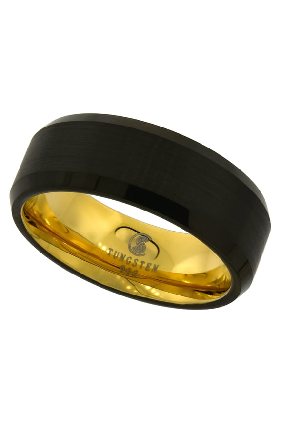 8mm Black Tungsten 900 Wedding Ring Brushed Finish Gold Inside Beveled Edge Comfort fit, size 9