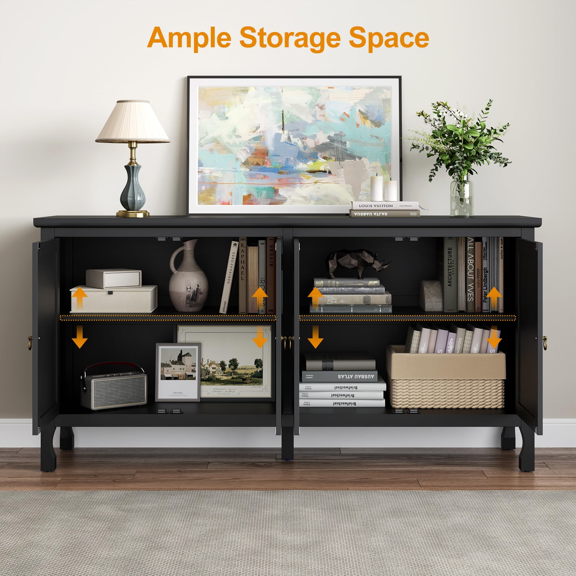 CozyHome 63" Carved Buffet Cabinet with Mirrored Door, Modern Console Cabinet with Storage and Adjustable Shelves, Wood Media Cabinet for Entryway, Living Room, Bedroom, Dining Room, Bathroom (Black)
