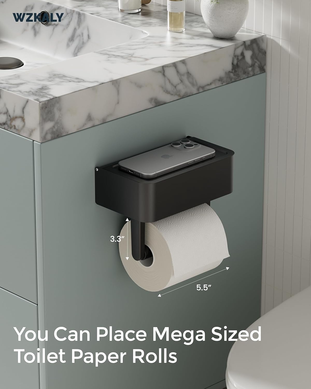 EP Toilet Paper Holder with Shelf - Flushable Wipes Dispenser & Storage Fits Any Bathroom, Keep Your Wet Wipes Hidden - Stainless Steel Wall Mount Bathroom Organizer -（Matte Black, Regular roll）