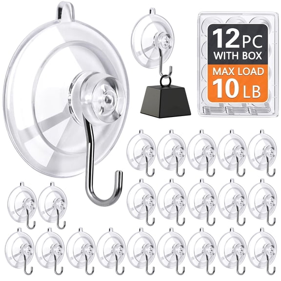 12 Pack Heavy Duty Suction Cup Hooks,10LB Max Load Clear Adhesive Hooks for Bathroom Shower Tile Glass Window , No Drill Stainless Steel Hooks, Strong Vacuum Suction, Removable & Reusable