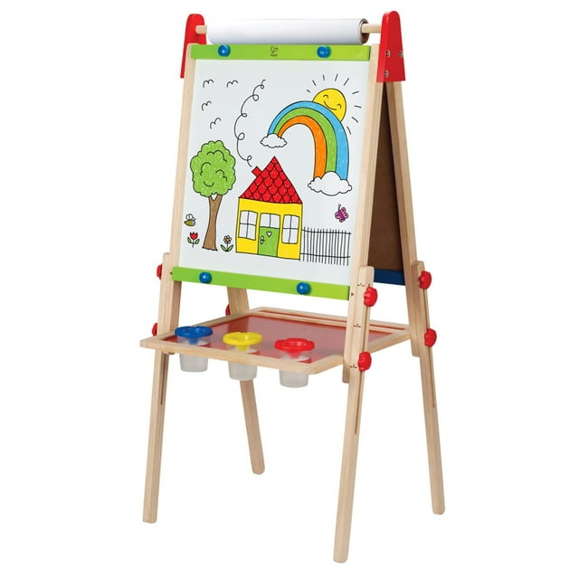 Caballete de Arte para niños, con Pizarra y Pizarra Blanca, Doble Cara, Incluye Rollo de Papel, Pintura, Imanes y Bandeja, Madera de Alta Calidad, de 3 a 10 años