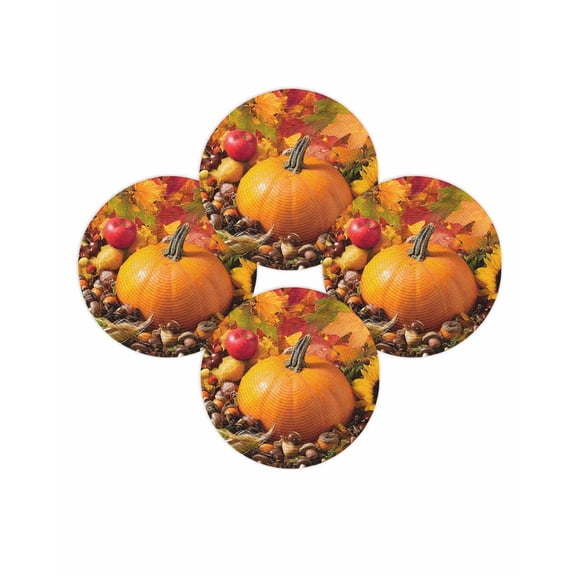 Fall Round Placemats Set of 4 Orange Pumpkin Place Mats Thanksgiving Woven Placemat Pine Cones Corn Maple Leaf Circle Braided Table Mat for Kitchen Dining Table Autumn Party Home Decor 15 Inch