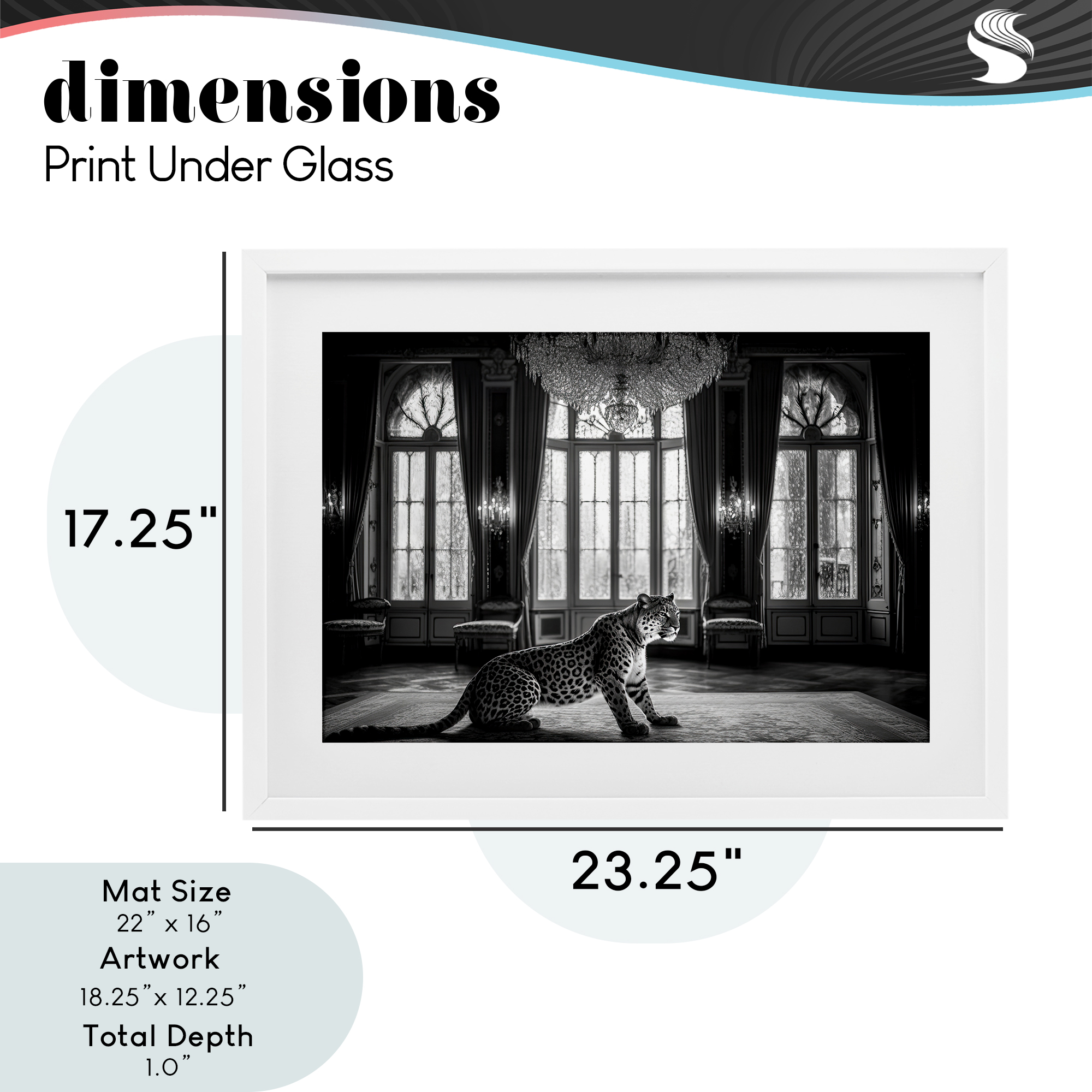 Snow Leopard in Opulent Mansion White Framed Print Under Glass, design by Decent Exposures