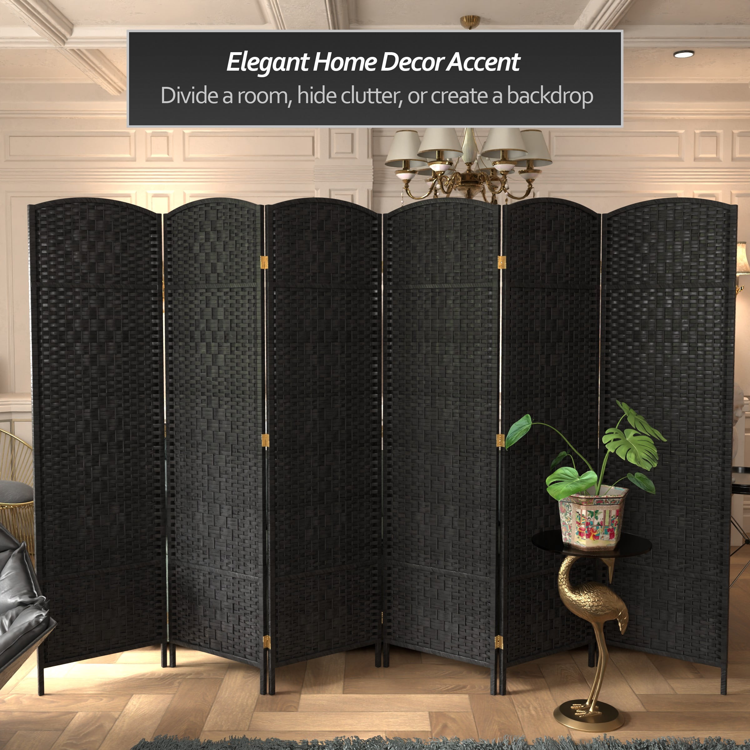 Red Lantern 6 ft. Tall Diamond Weave Fiber Room Divider - Black - 6 Panel