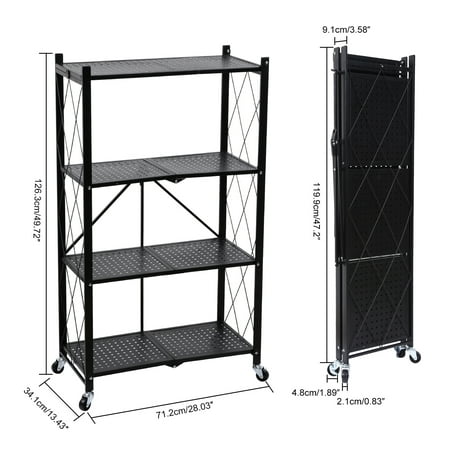 

KUIKUI 4 Tier Heavy Duty Foldable Metal Rack Storage Shelving Unit with Wheels Moving Easily Organizer Shelves Great for Garage Kitchen Holds up to 1000 lbs Capacity Black