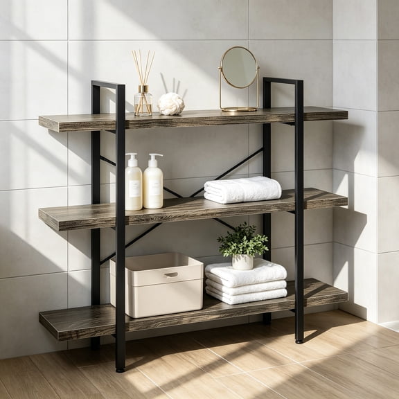 Heavy Duty 3-Tier Industrial Bookcase, 39" Wide Wood Bookshelf for Home Office, 120 lbs Shelf Capacity, Rustic Shelving Display with Reinforced Horizontal Shelf for Living Room, Bedroom, Grey