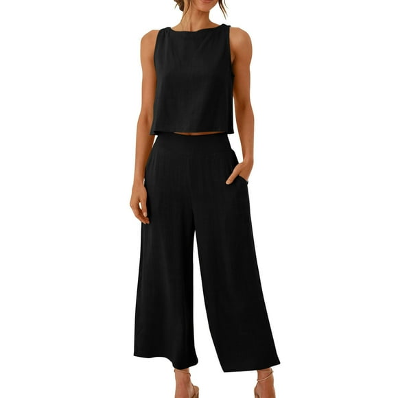 Jsaierl Linen Sets for Women 2 Piece Fashion Ladies Round Neck Solid Sleeveless Blouse and Loose Pockets Pants Sets