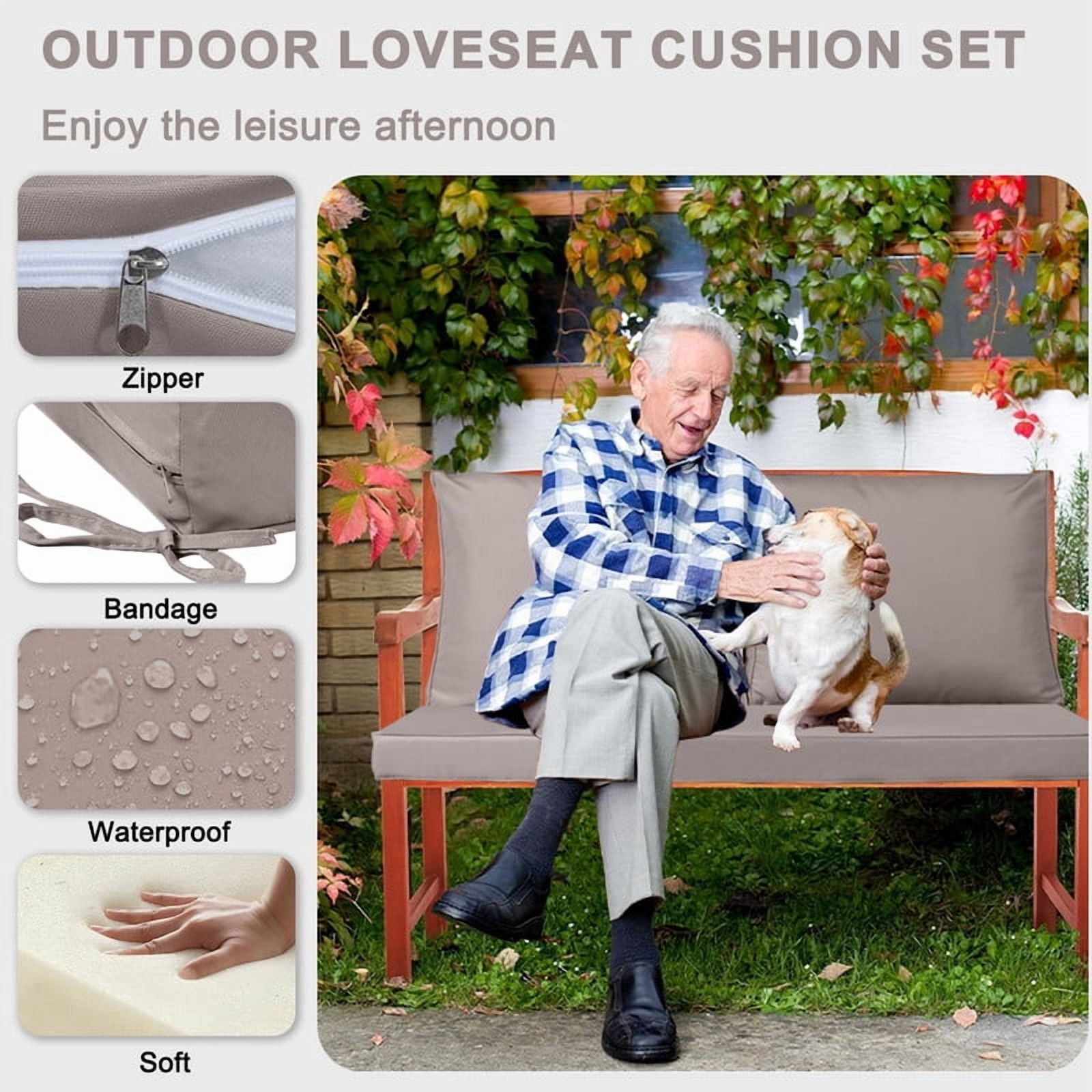 Outdoor Loveseat Cushion Set, 48" x 24" Waterproof Patio Furniture Cushions with Removable Cover, Ties and Hidden Zipper, Patio Love Seat Sofa Cushions（Khaki）