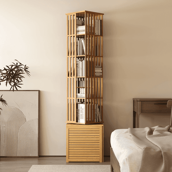 Yowos Bookcase with Storage Cabinet, Rotating Bamboo Bookshelf 360° Spinning 7 Tier Tall Narrow Display Tower Shelf, Natural Color