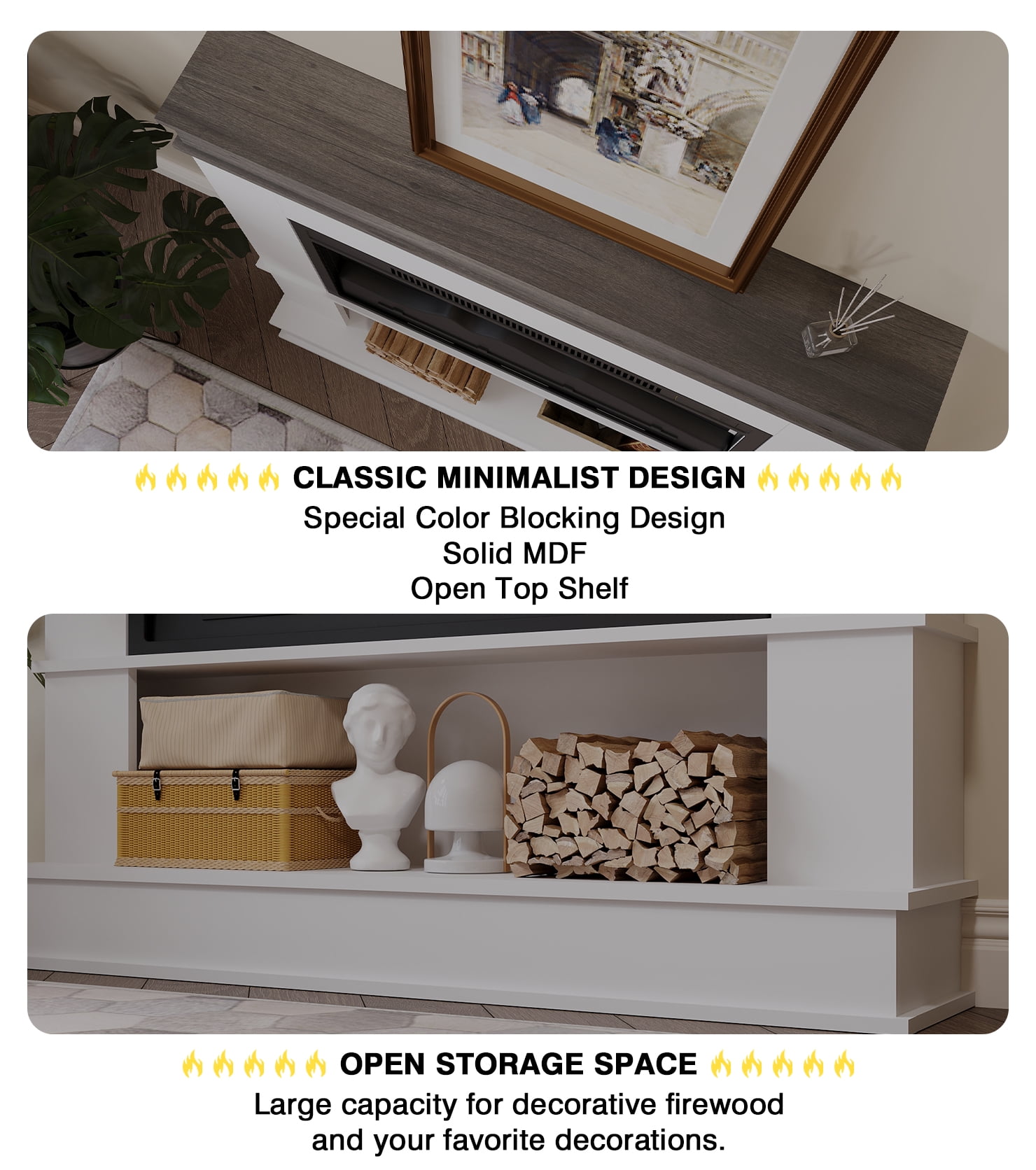 Maxhonor 38.6 Inch Electric Fireplace with 3D Flame & Heater, Classic Wood Design & Remote Control